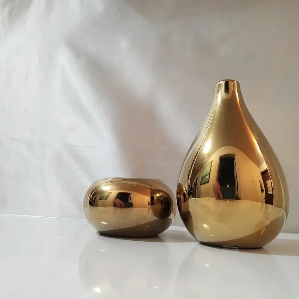 Vintage Petite Golden Ceramic Vase and Candle Holder Set